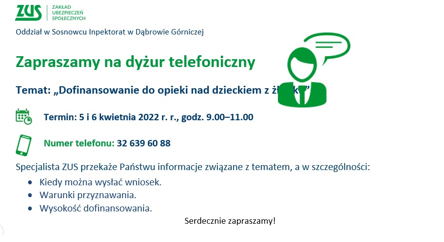 Zaproszenie na dyżur telefoniczny w ZUS dot. dofinansowania do opieki nad dzieckiem w Żłobku
